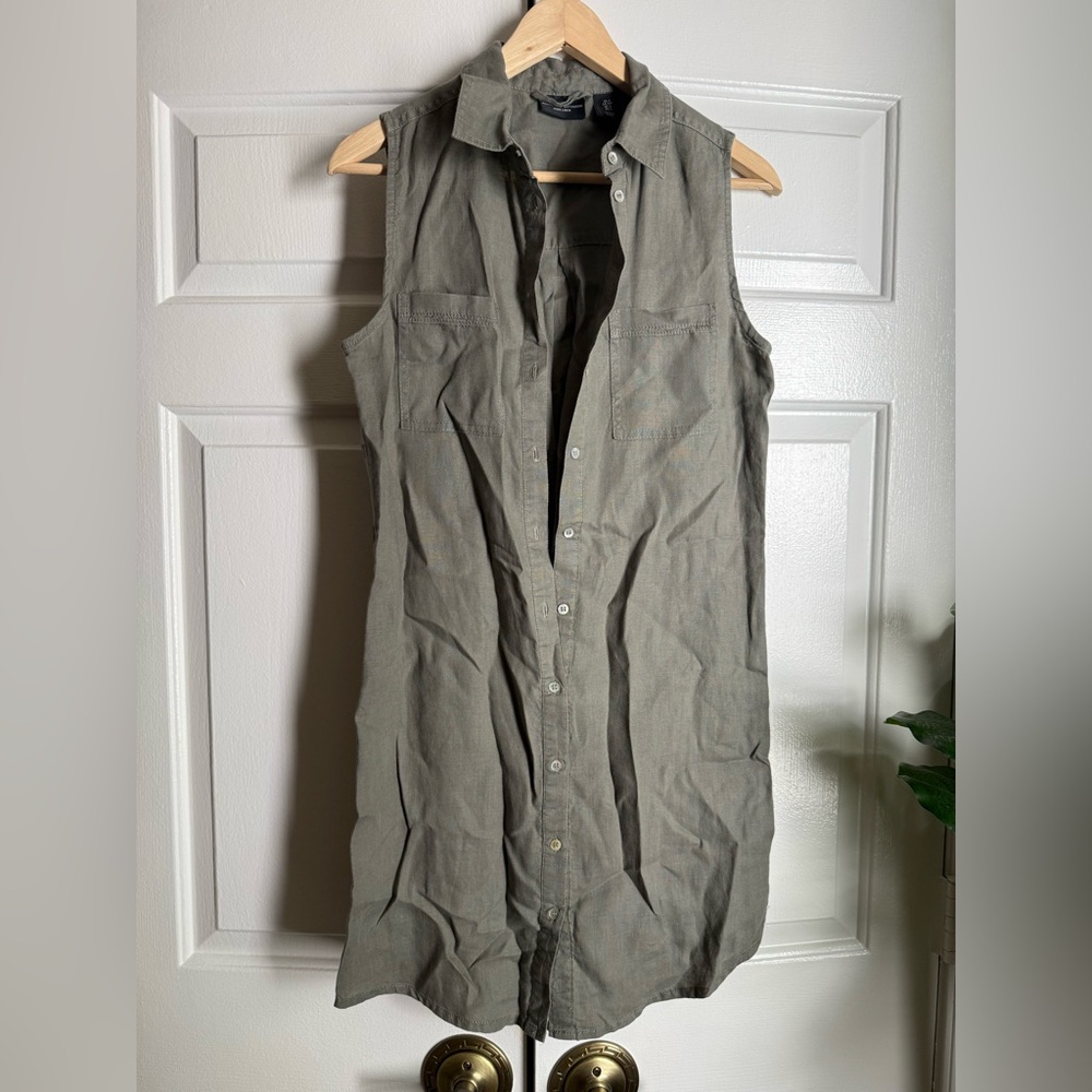 Olive Green Linen Shirt Dress Sz S Lightweight Minimalist Lagom Safari Normcore